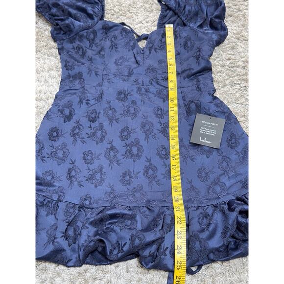 NWT Lulus Dress Women’s L Blue Floral Jacquard Lace Up Back Puff Sleeve Ruffle - Picture 11 of 13